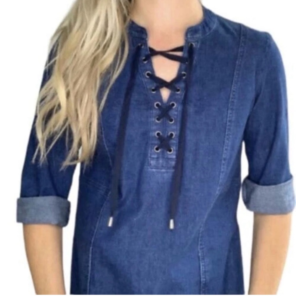 J. Jill Denim, Dark Wash, 3/4 Sleeve, Lace Up Front, Demin Dress, - Picture 3 of 8